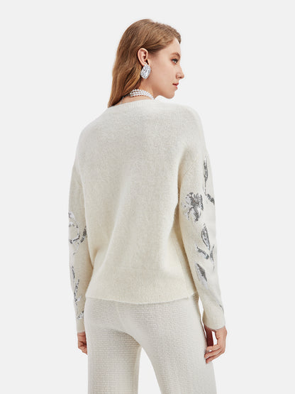 Silver Floral Embroidered Knit Sweater