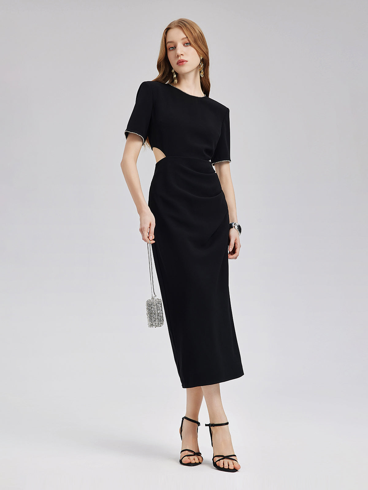 Rhinestone Trim Acetate Cut Out Dress, Black / S