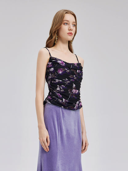 Rose Print Ruched Sling Tank Top