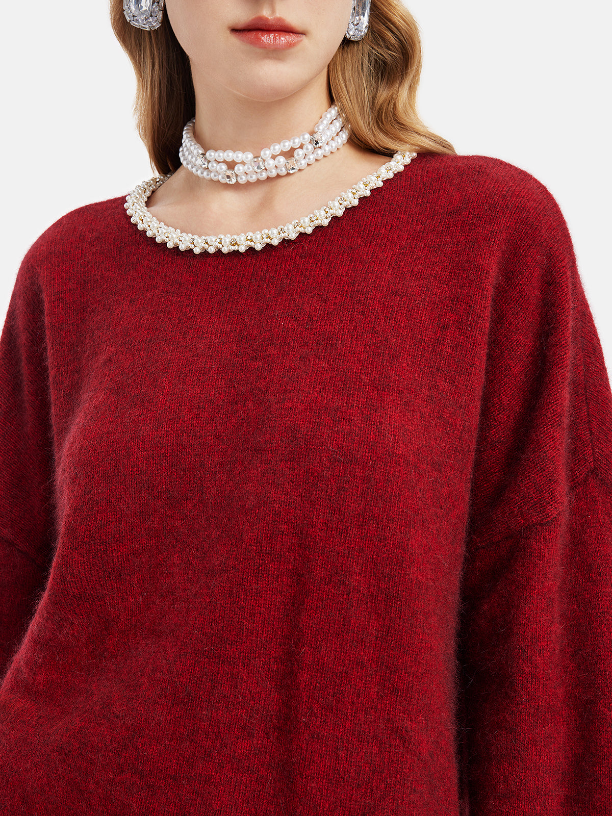 Burgundy Knit Set with Pearl Collar