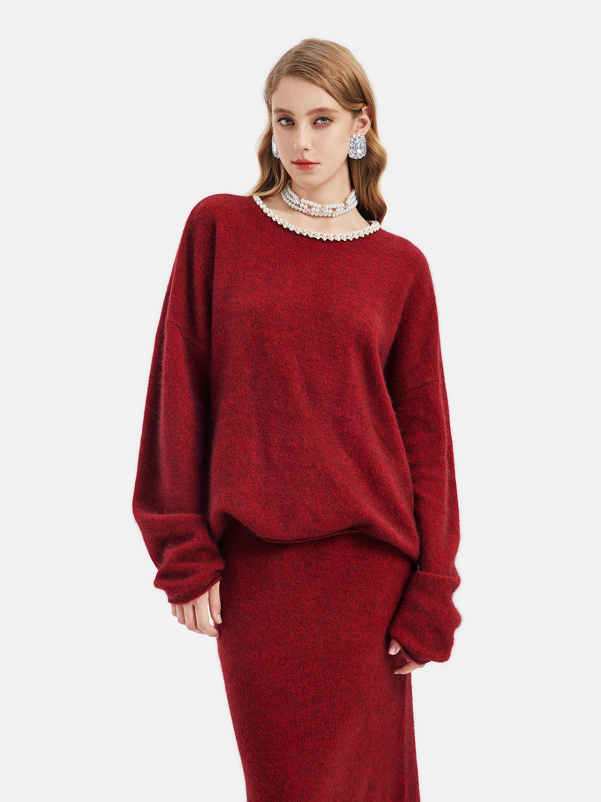 Burgundy Knit Set with Pearl Collar