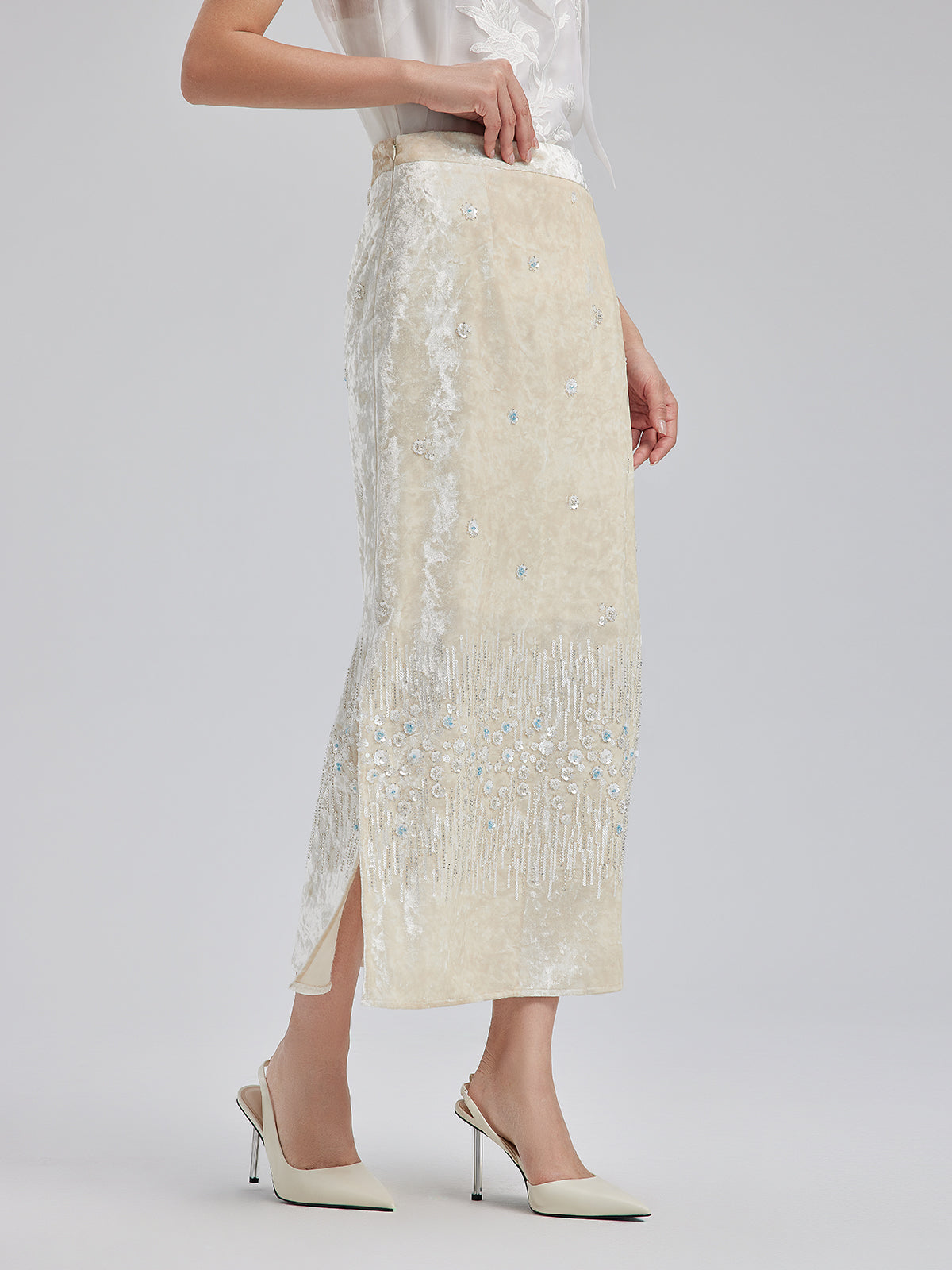 Velvet Sequin Beaded Split Skirt