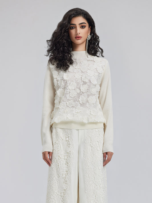 French 3D Lace Patchwork Italian Wool Top