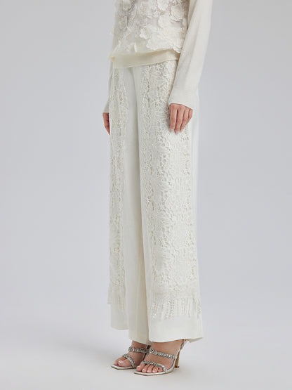 French Lace Patchwork Jacquard Satin Pants