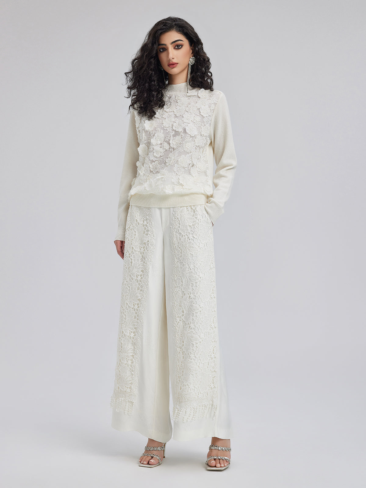 French Lace Patchwork Jacquard Satin Pants