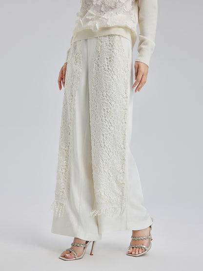 French Lace Patchwork Jacquard Satin Pants