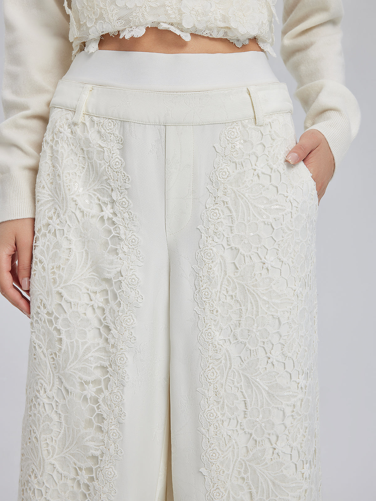 Final Sale | French Lace Patchwork Jacquard Satin Pants