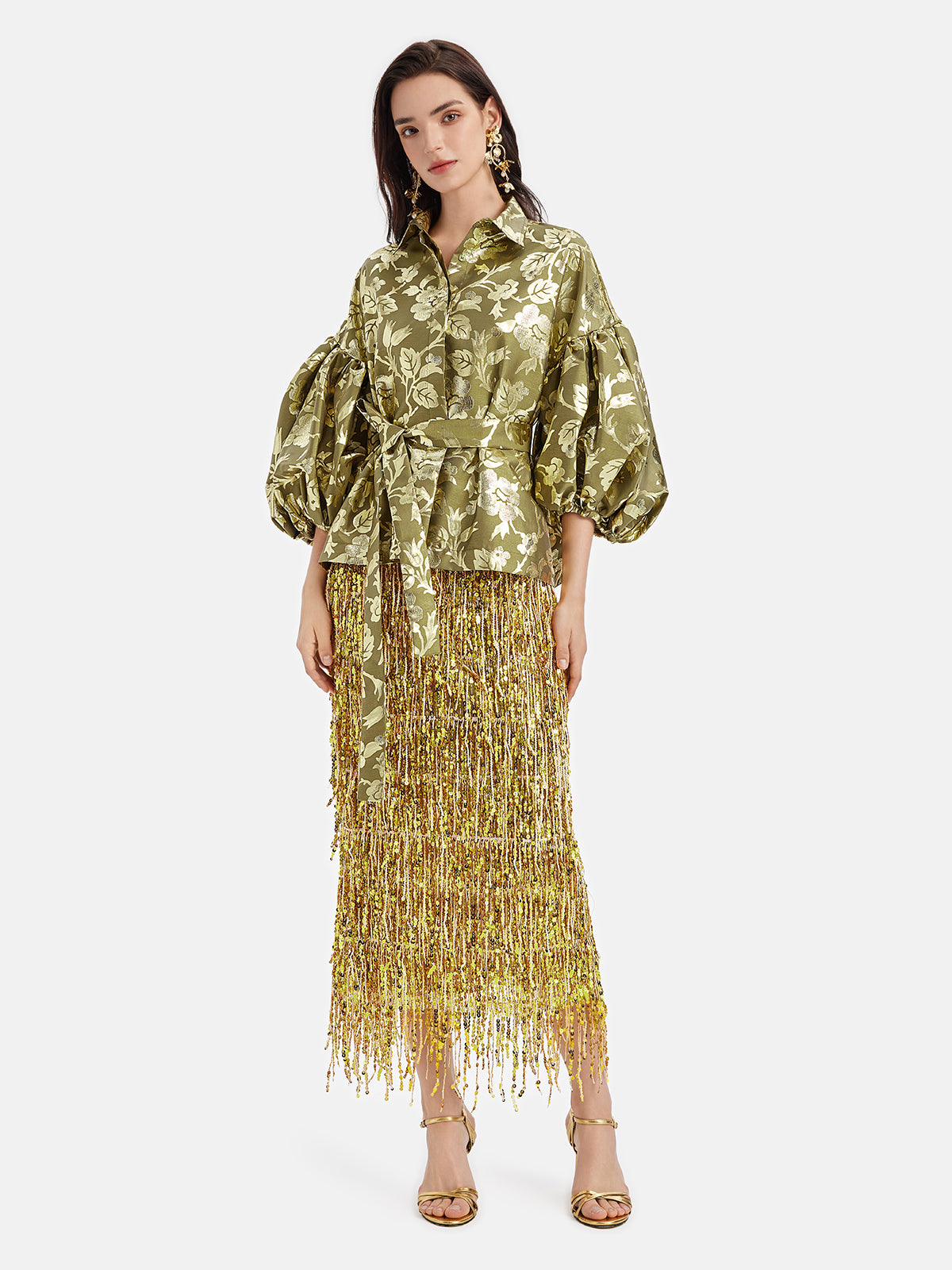 Gold Jacquard Lantern Sleeve Blouse