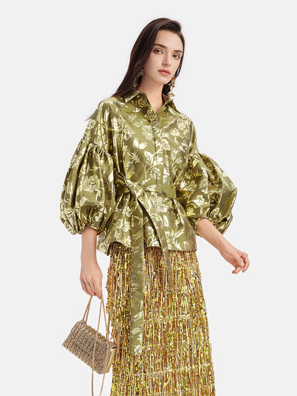 Gold Jacquard Lantern Sleeve Blouse