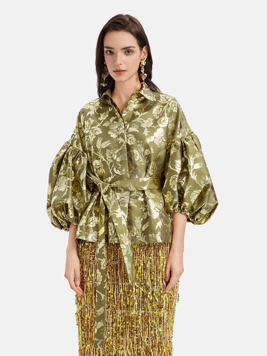 Gold Jacquard Lantern Sleeve Blouse