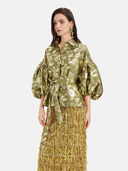 Gold Jacquard Lantern Sleeve Blouse