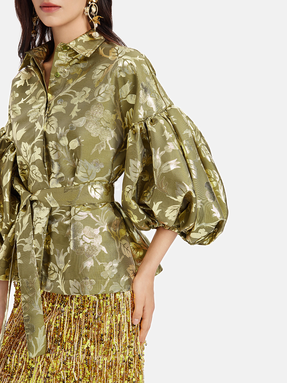 Gold Jacquard Lantern Sleeve Blouse