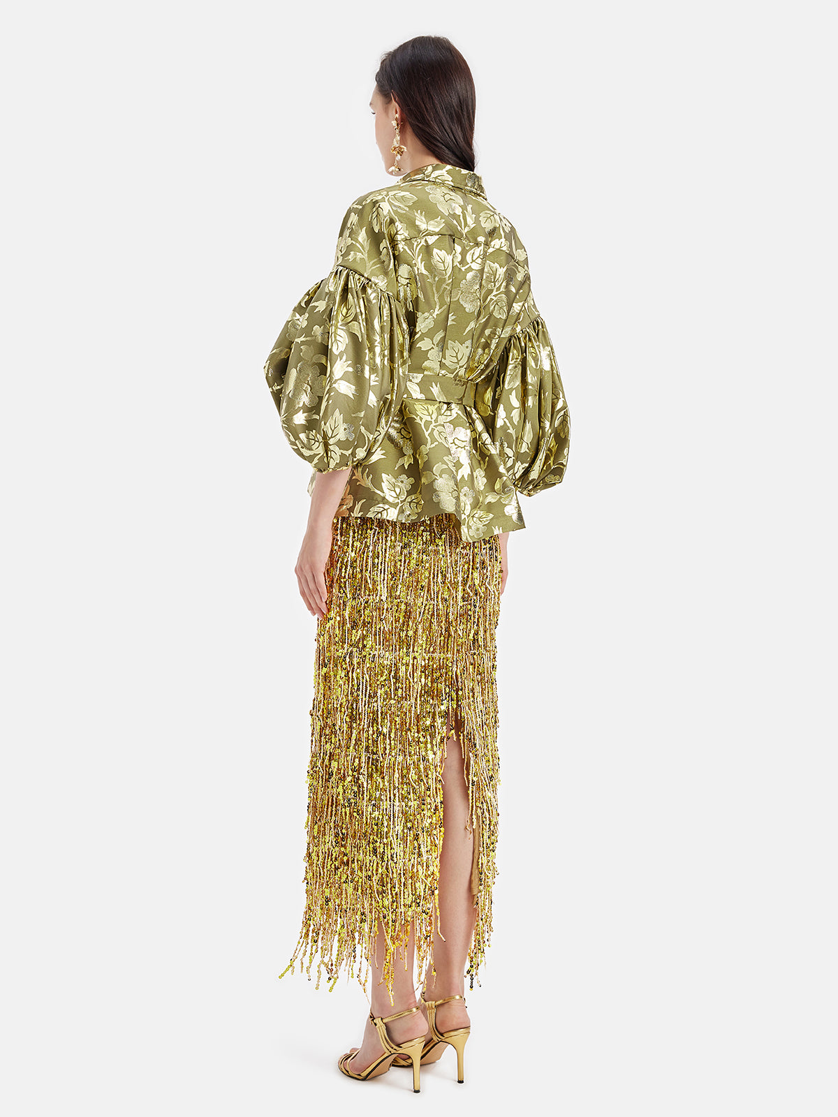 Gold Jacquard Lantern Sleeve Blouse