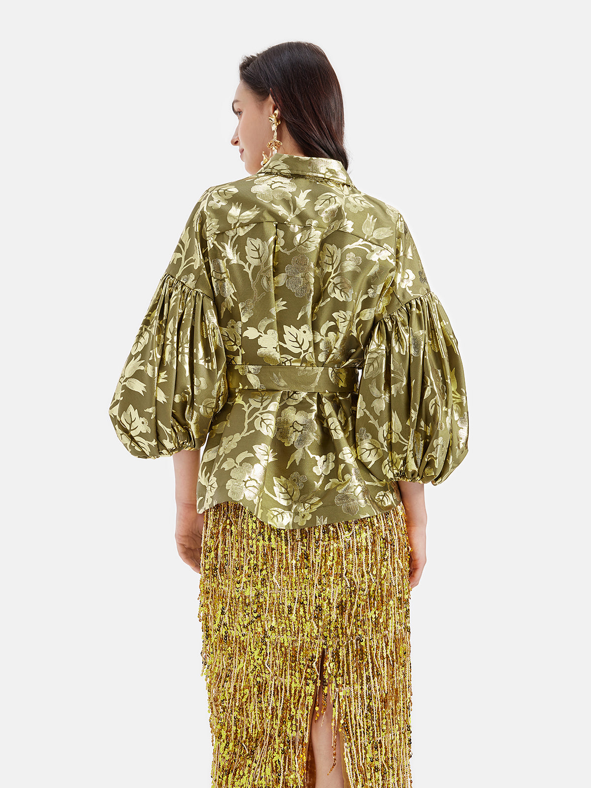 Gold Jacquard Lantern Sleeve Blouse