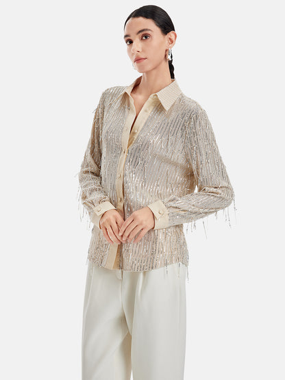 Glamorous Sequin Fringe Sheer Blouse