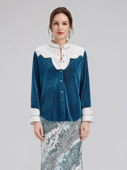 Lace Patchwork Silver Velvet Shirt