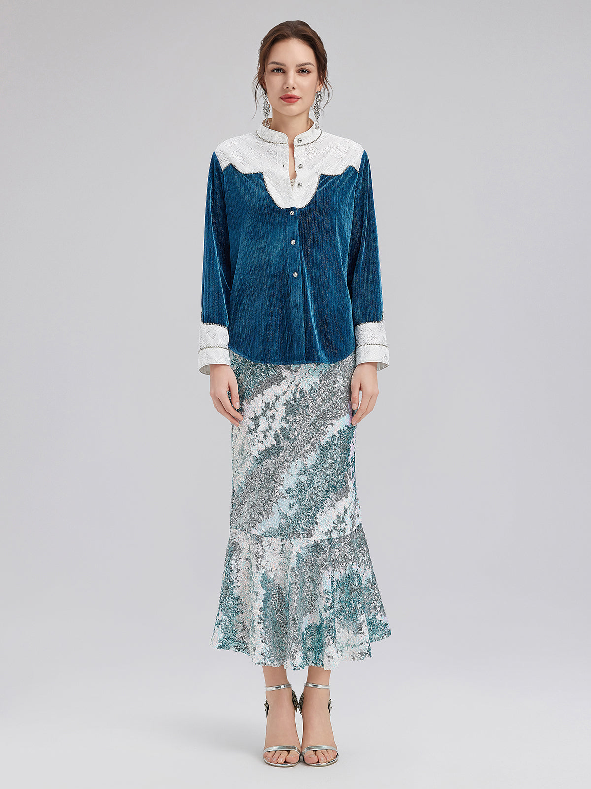 Lace Patchwork Silver Velvet Shirt