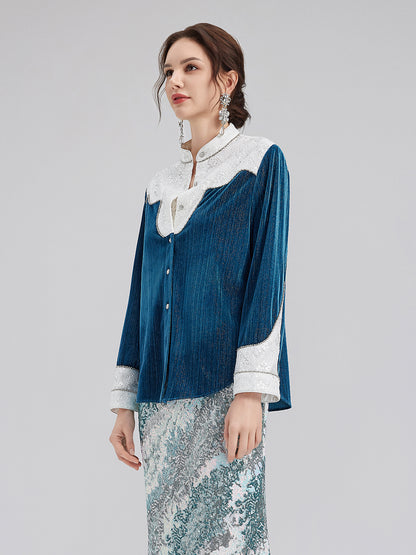 Lace Patchwork Silver Velvet Shirt