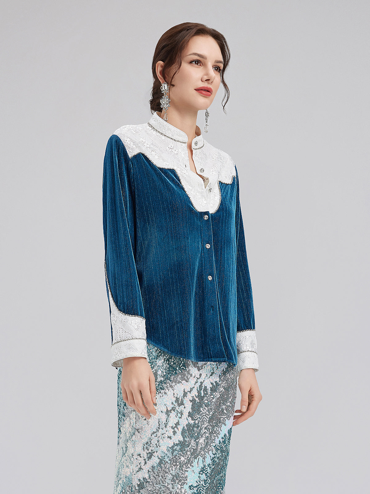 Lace Patchwork Silver Velvet Shirt