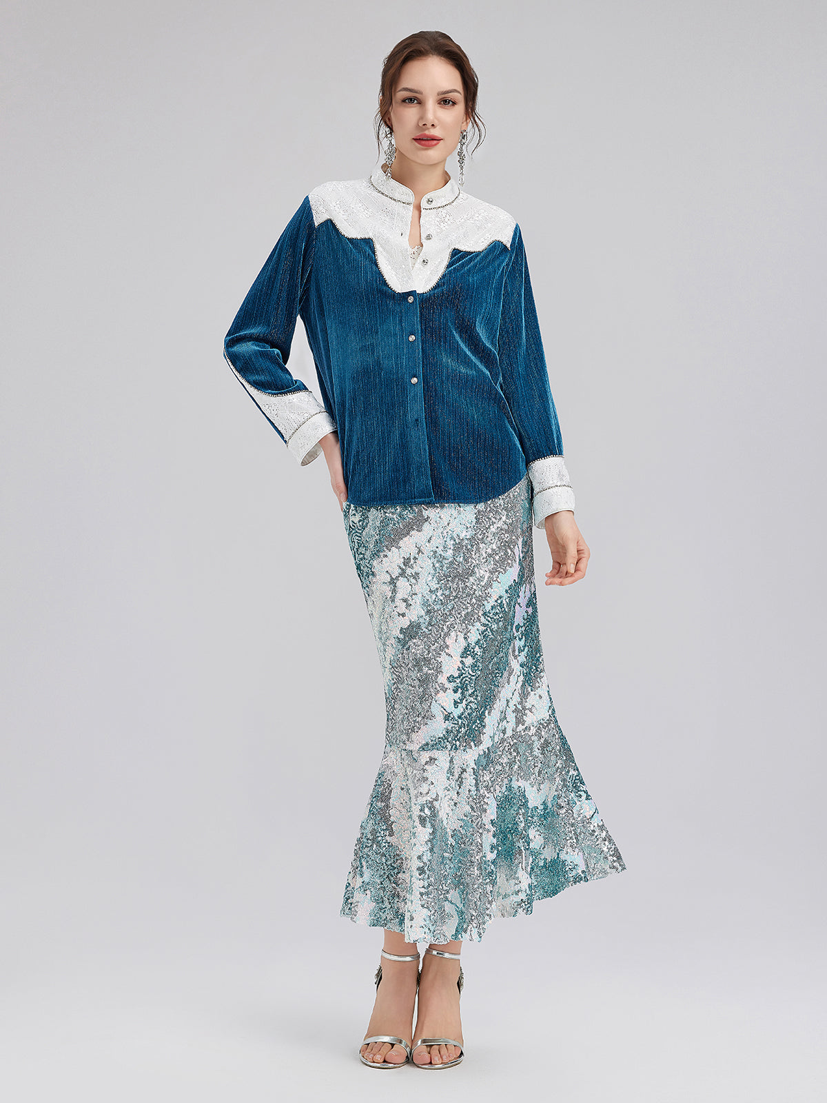 Lace Patchwork Silver Velvet Shirt