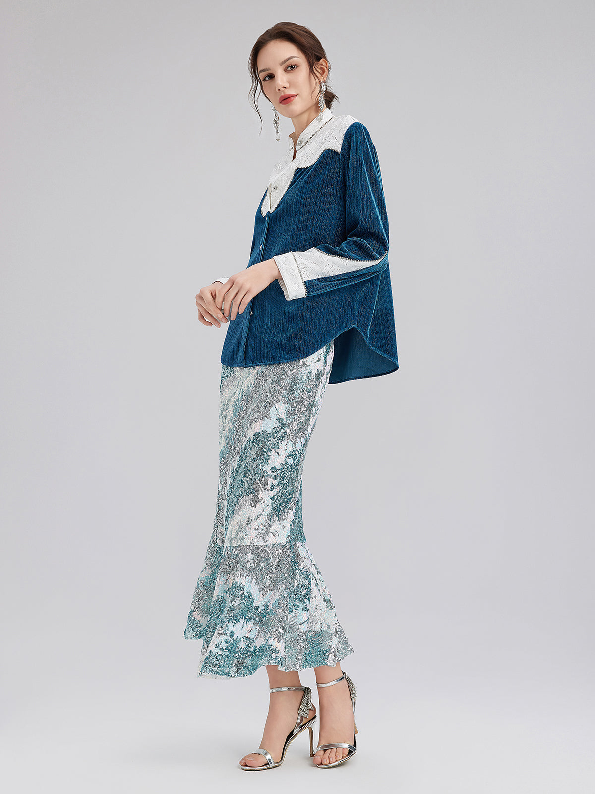 Lace Patchwork Silver Velvet Shirt