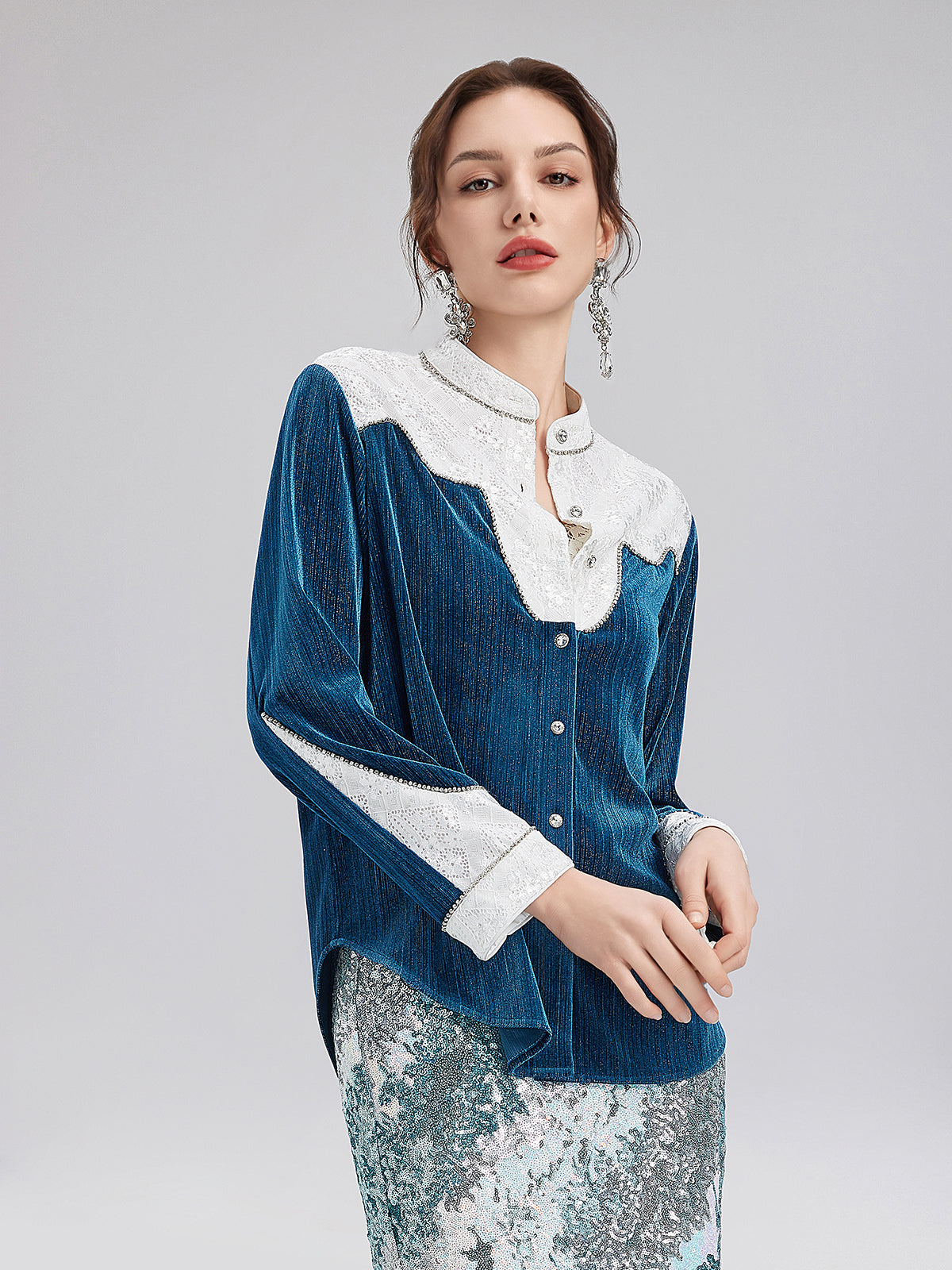 Lace Patchwork Silver Velvet Shirt