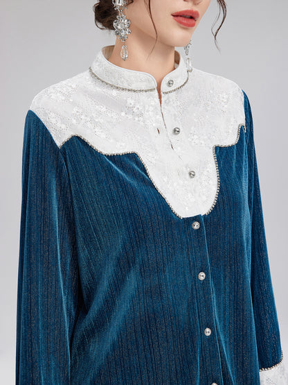 Lace Patchwork Silver Velvet Shirt