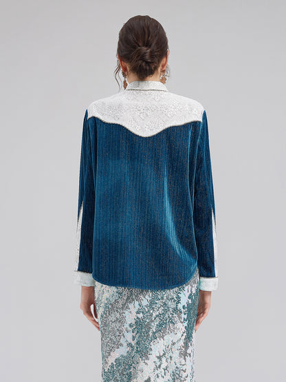 Lace Patchwork Silver Velvet Shirt