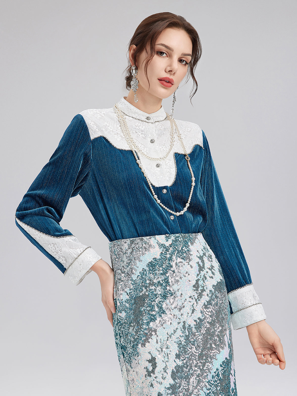 Lace Patchwork Silver Velvet Shirt