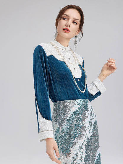 Lace Patchwork Silver Velvet Shirt