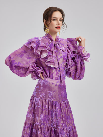 Mulberry Silk Burnout Velvet Ruffled Collar Blouse