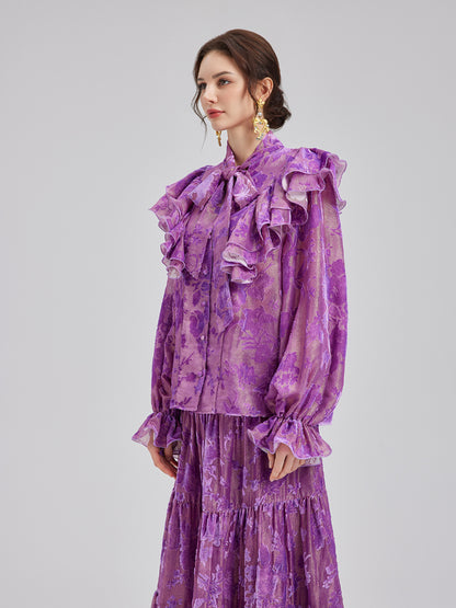 Mulberry Silk Burnout Velvet Ruffled Collar Blouse