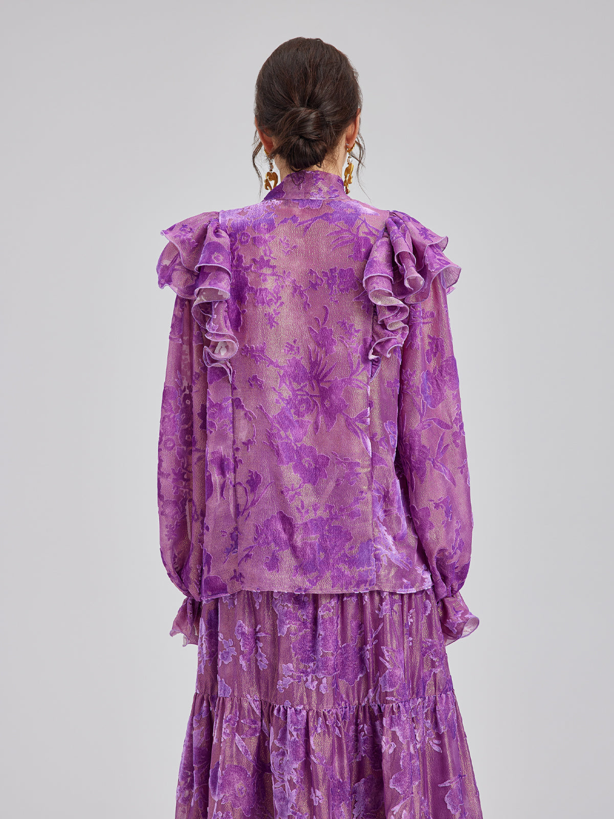 Mulberry Silk Burnout Velvet Ruffled Collar Blouse