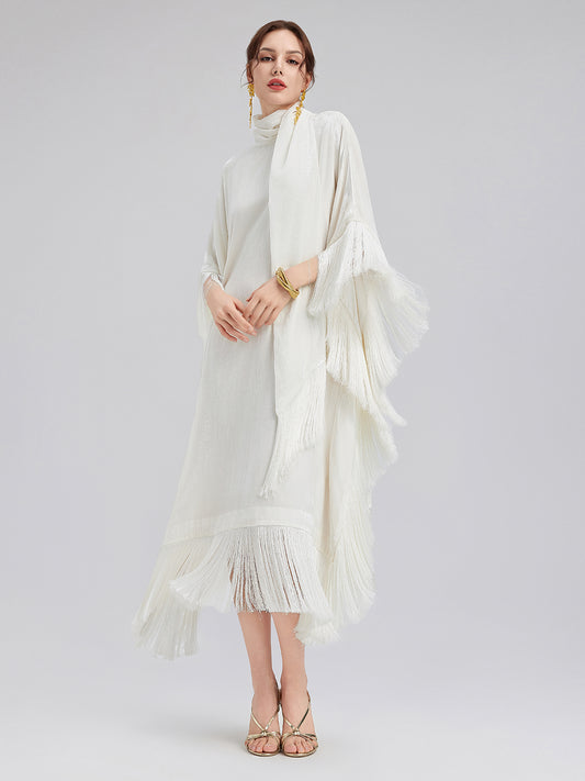 Elegant Batwing Sleeves Fringe Velvet Dress