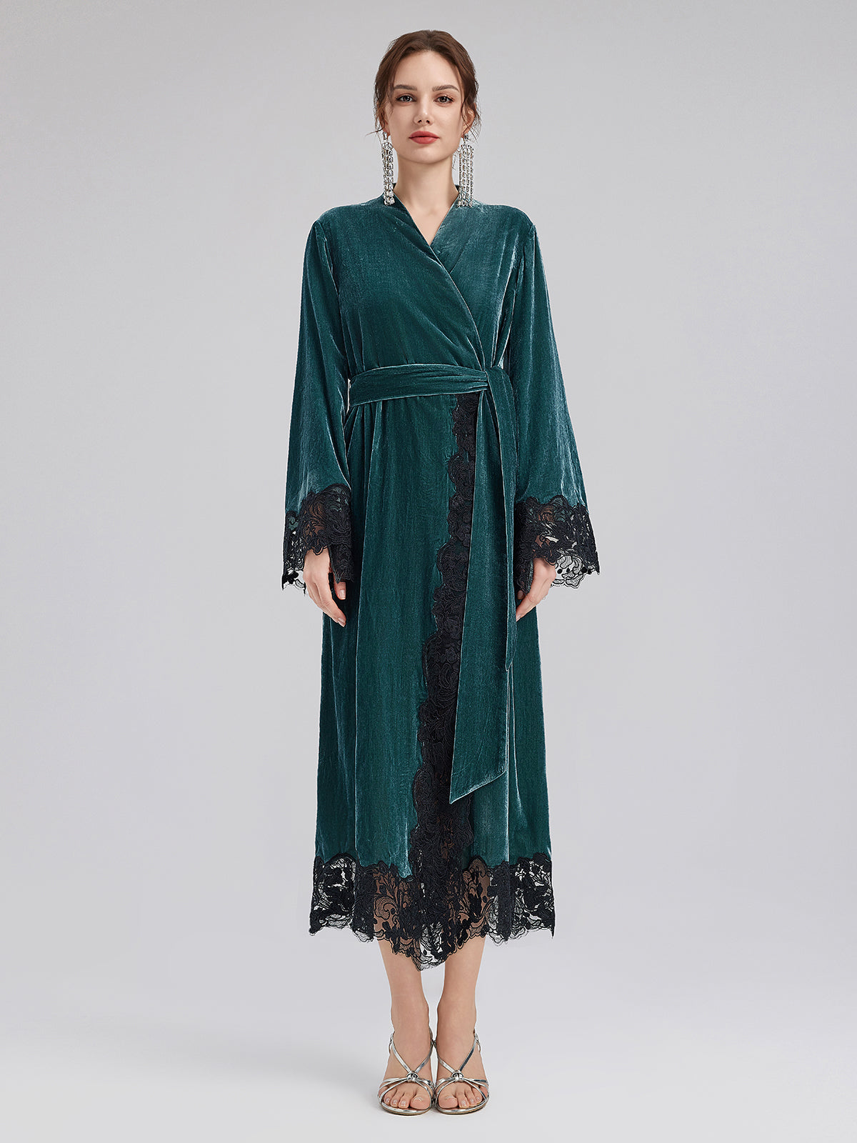 Elegant Black Lace Trim Robe Dress