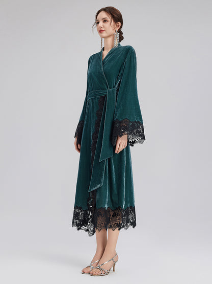 Elegant Black Lace Trim Robe Dress