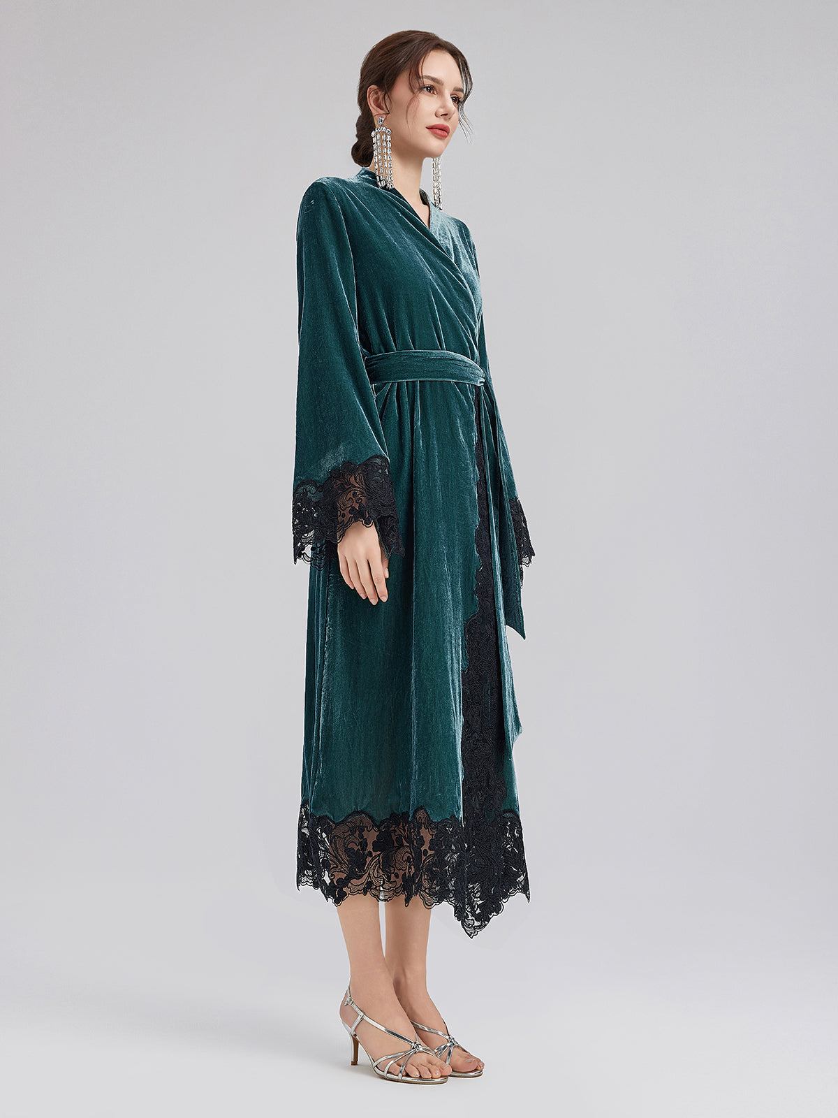 Elegant Black Lace Trim Robe Dress