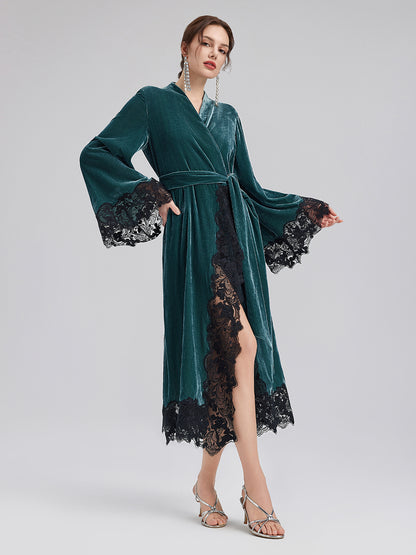 Elegant Black Lace Trim Robe Dress