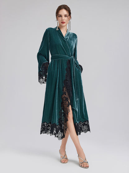 Elegant Black Lace Trim Robe Dress