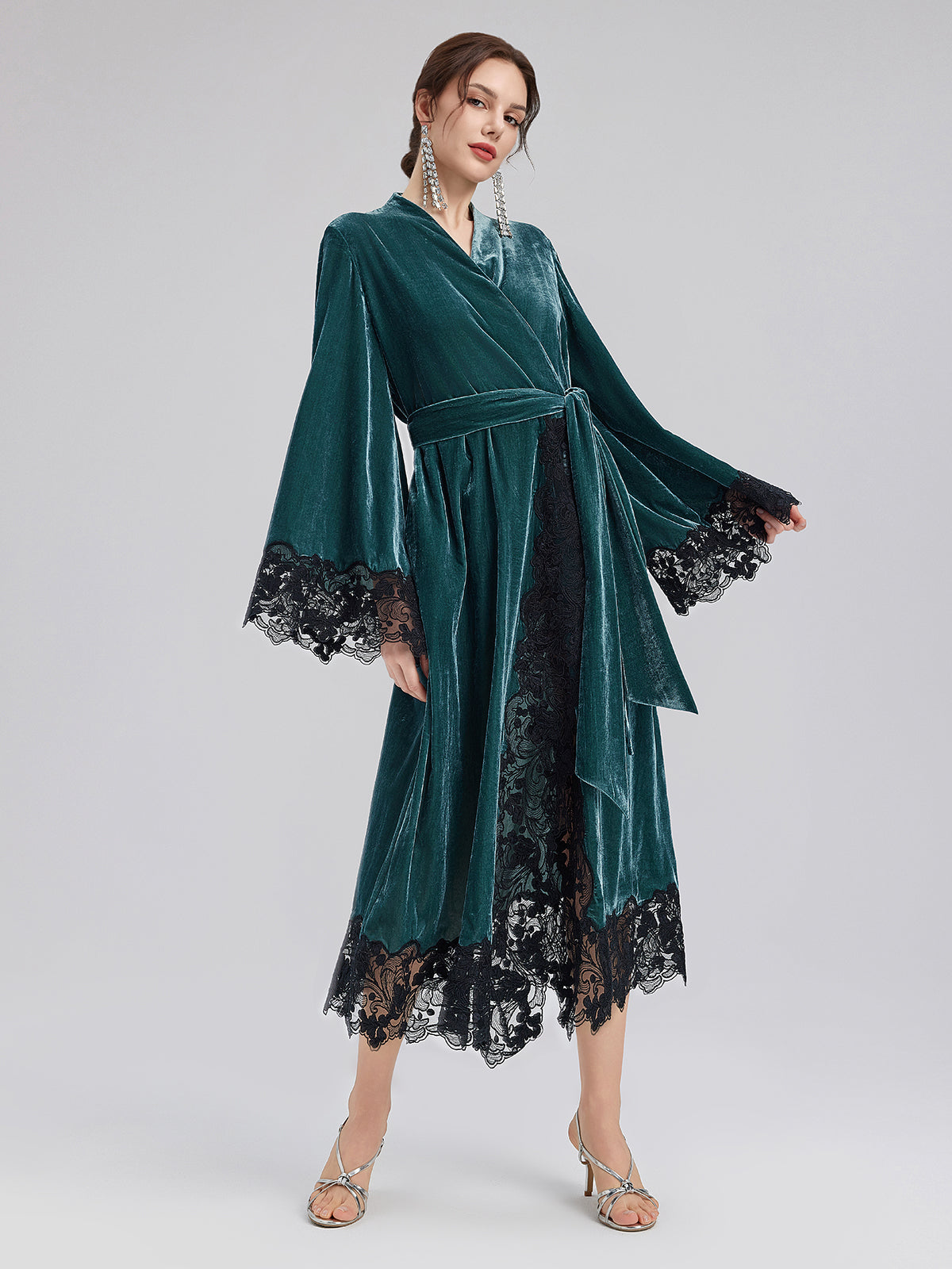 Elegant Black Lace Trim Robe Dress