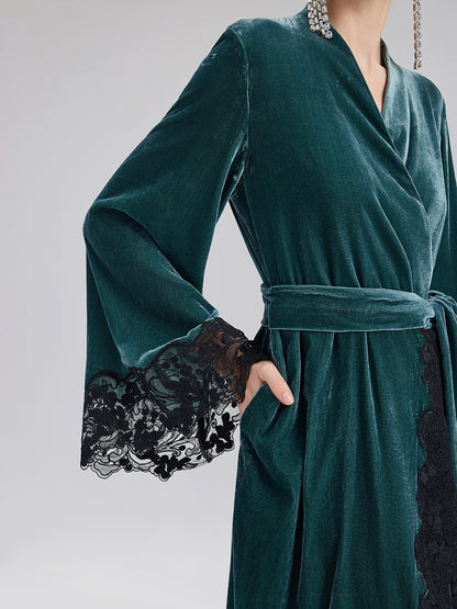 Elegant Black Lace Trim Robe Dress