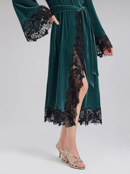 Elegant Black Lace Trim Robe Dress