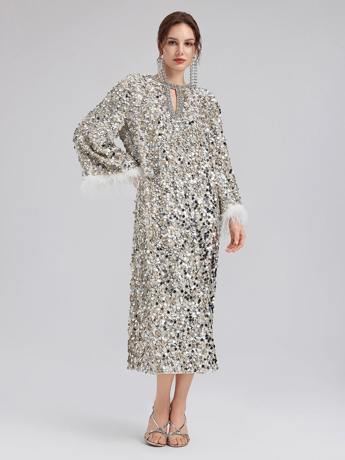 Dazzling Sequined Feather Cuff Dress