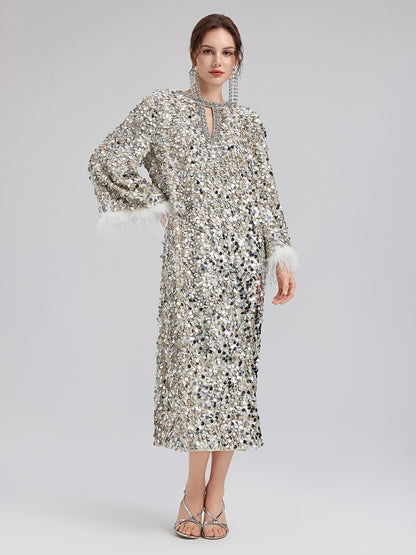 Dazzling Sequined Feather Cuff Dress