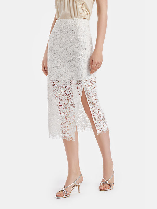 Sheer Lace High-Slit Midi Skirt