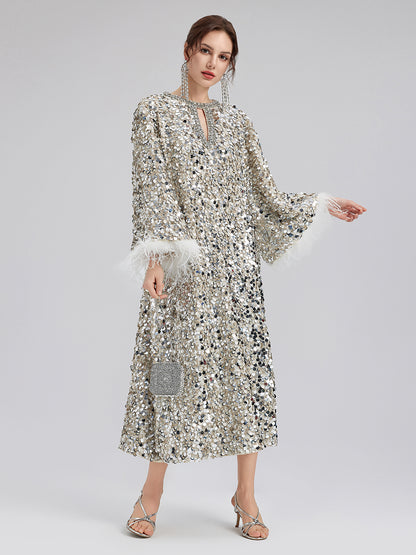 Dazzling Sequined Feather Cuff Dress