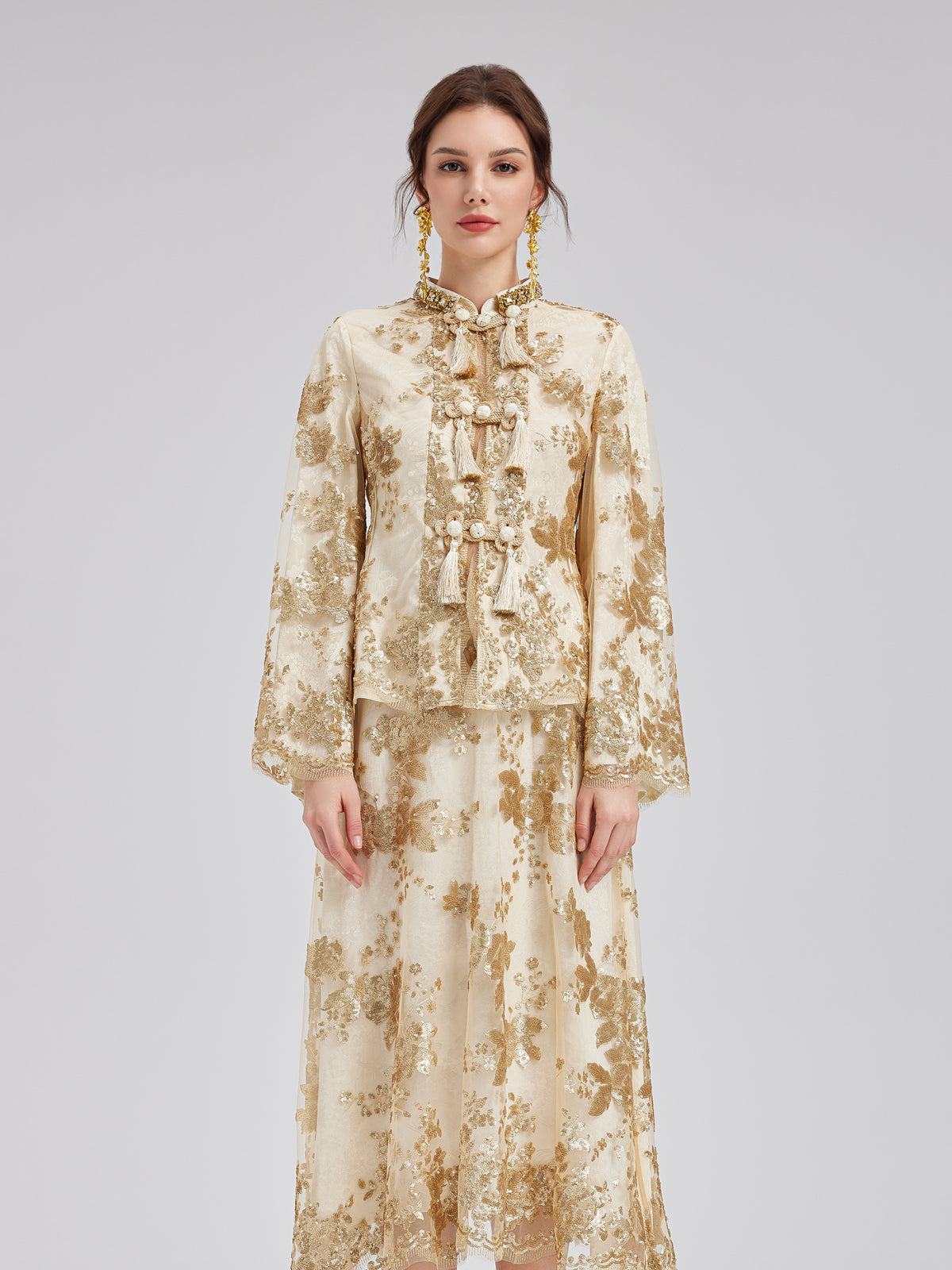 Elegant New Chinese-style Lace Gold Blouse