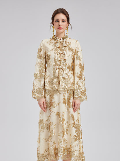 Elegant New Chinese-style Lace Gold Blouse