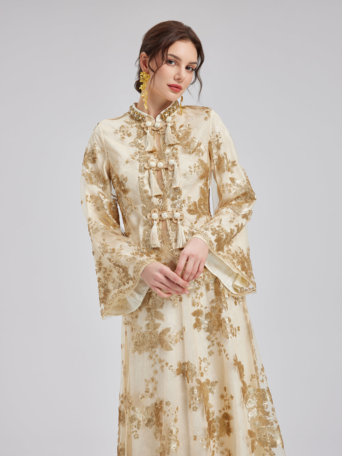 Elegant New Chinese-style Lace Gold Blouse