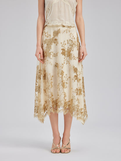 Elegant New Chinese-style Lace Gold Skirt